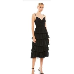 IEENA for Mac Duggal Black Tiered Ruffle Chiffon Midi Dress 55437 BLK Size 2